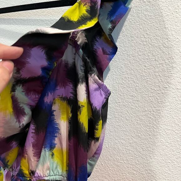 Roxy One Shoulder Ruffle Mini Dress Abstract Print Purple Yellow Women’s XS - Picture 5 of 8